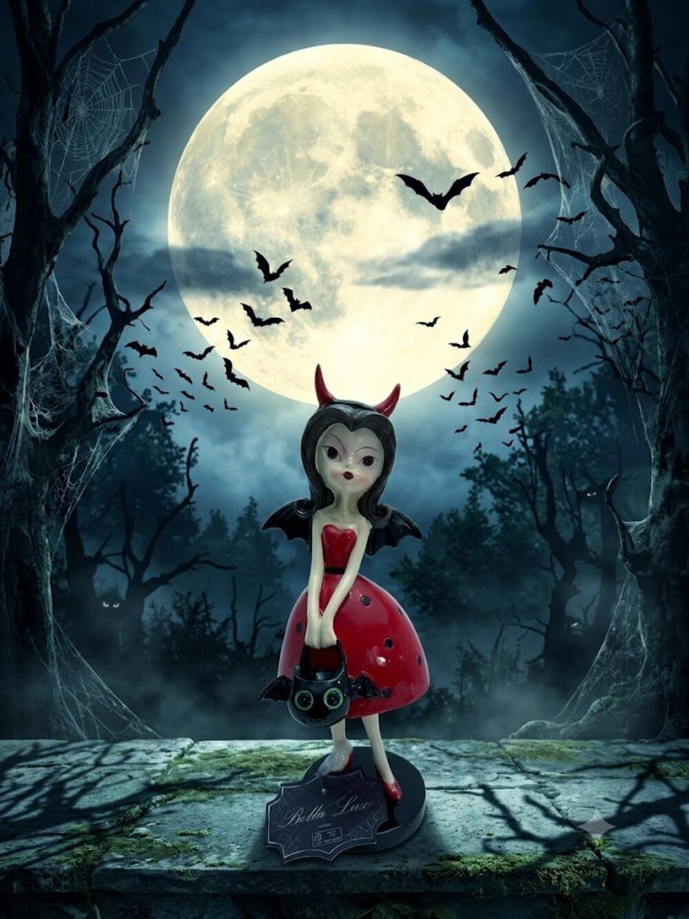 Halloween Bella Lux Devil Bat Girl" @11" Red Polka Dot Dress Figure w/Horns NWT